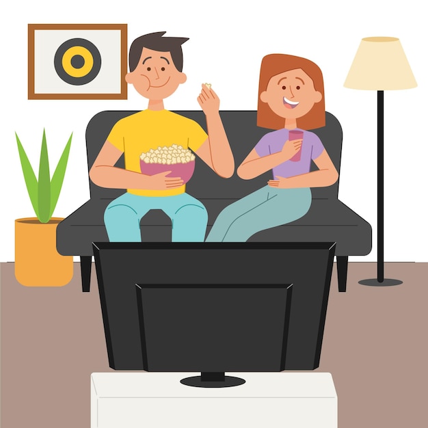 Couple eating popcorn and watching a movie