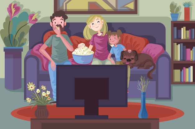 Family relaxing at home while watching a movie