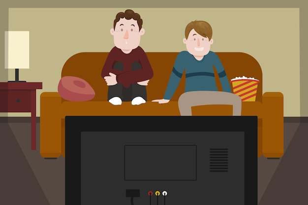 Friends watching a movie and eating popcorn